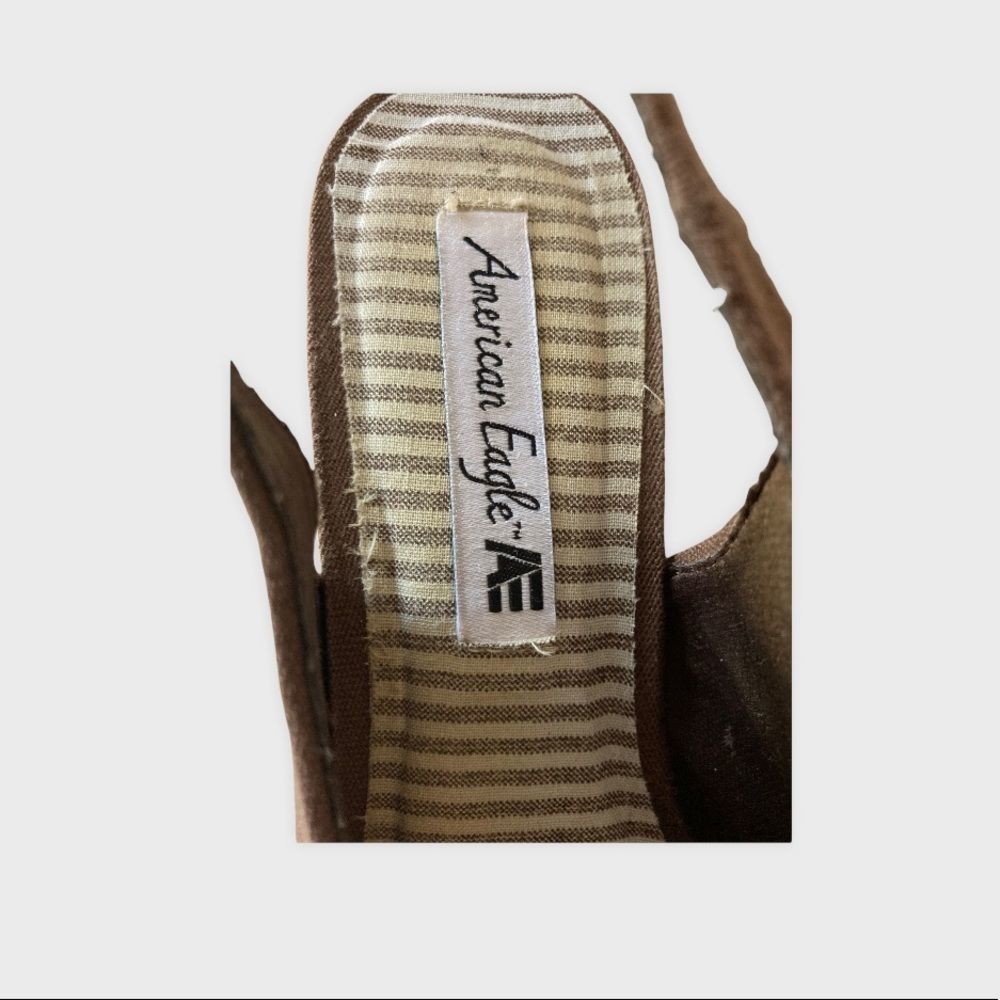 American Eagle Brown Flower Canvas Slingback Cork Wedge - Picture 5 of 6